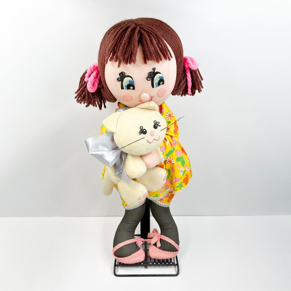 Vintage 70's Katie Kitty Stuffed Doll Cat Needlecraft Mod Floral